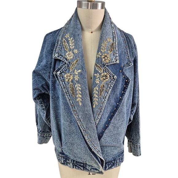 Vtg 80s 90s Pretty Bleu Metallic Gold Embroidery Double Breasted Denim Jacket  M - Picture 1 of 5